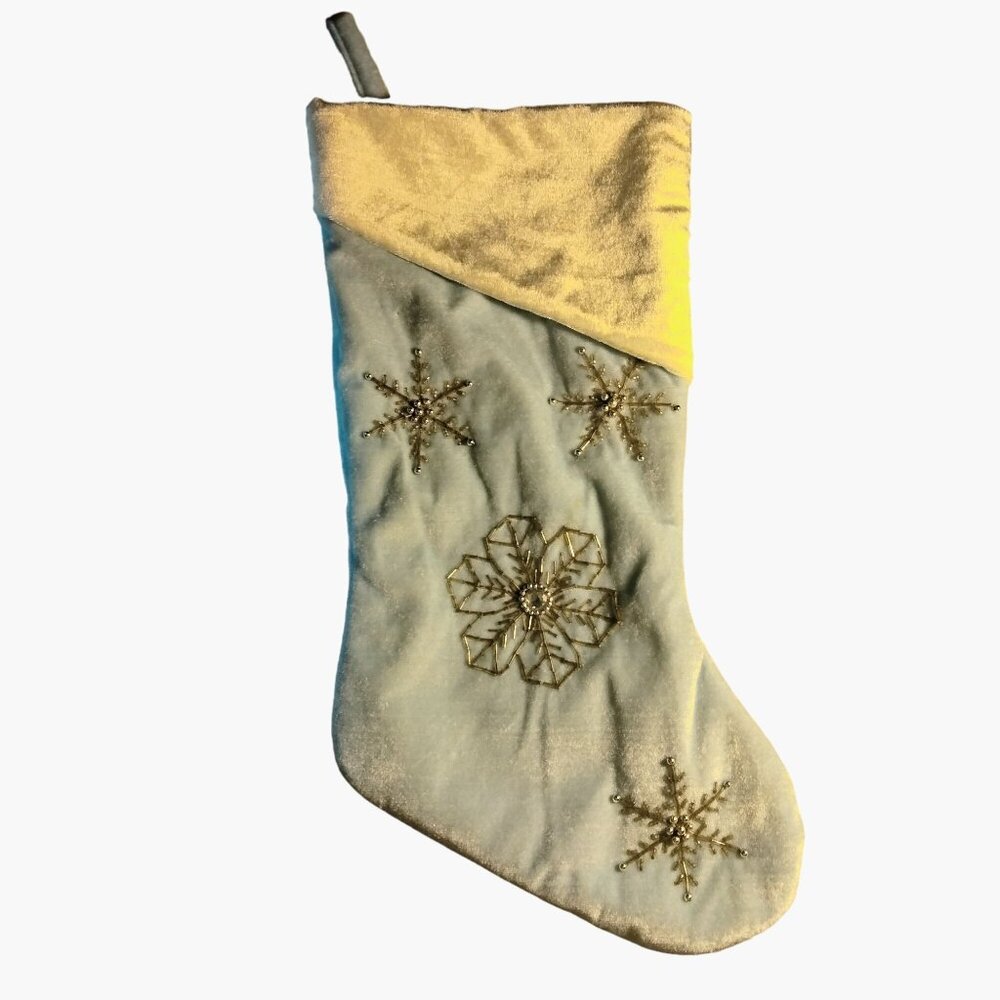 Blue velvet Christmas Stocking Beaded Silver Snowflakes